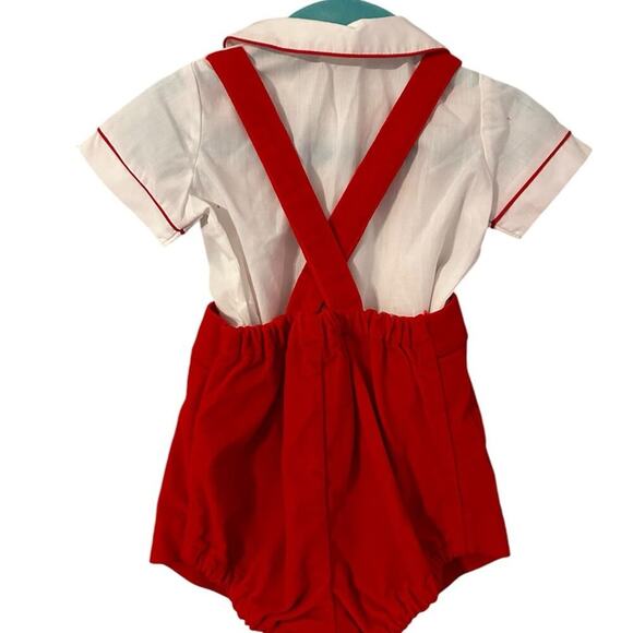 Vintage Layette 3 Piece Red Piping on Shirt, Overalls, Jacket w/Train Size 6/9mo - Picture 8 of 12